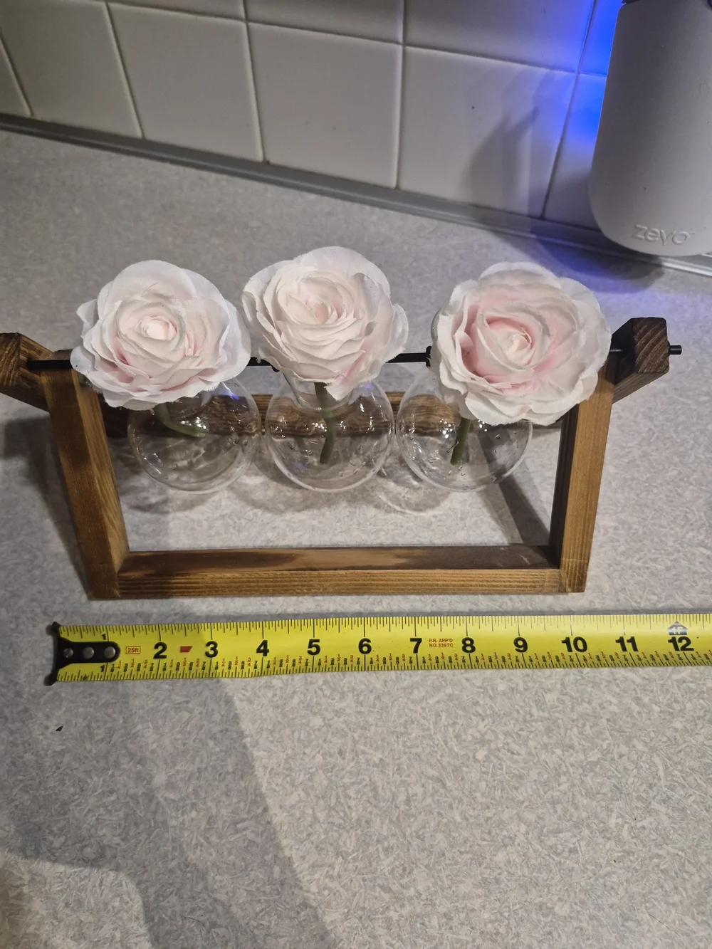 Clear Glass Triple Bud Vase with Pale Pink Faux Roses
